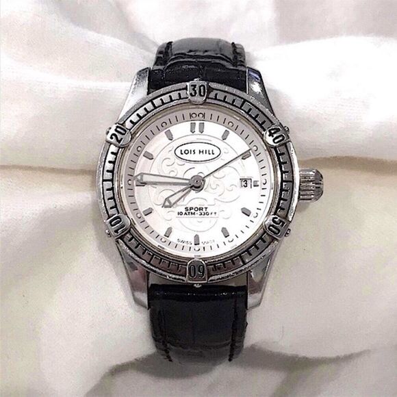 LOIS HILL Round White Face Scroll Embellished Sport Watch w/ Black Leather Band main image 6